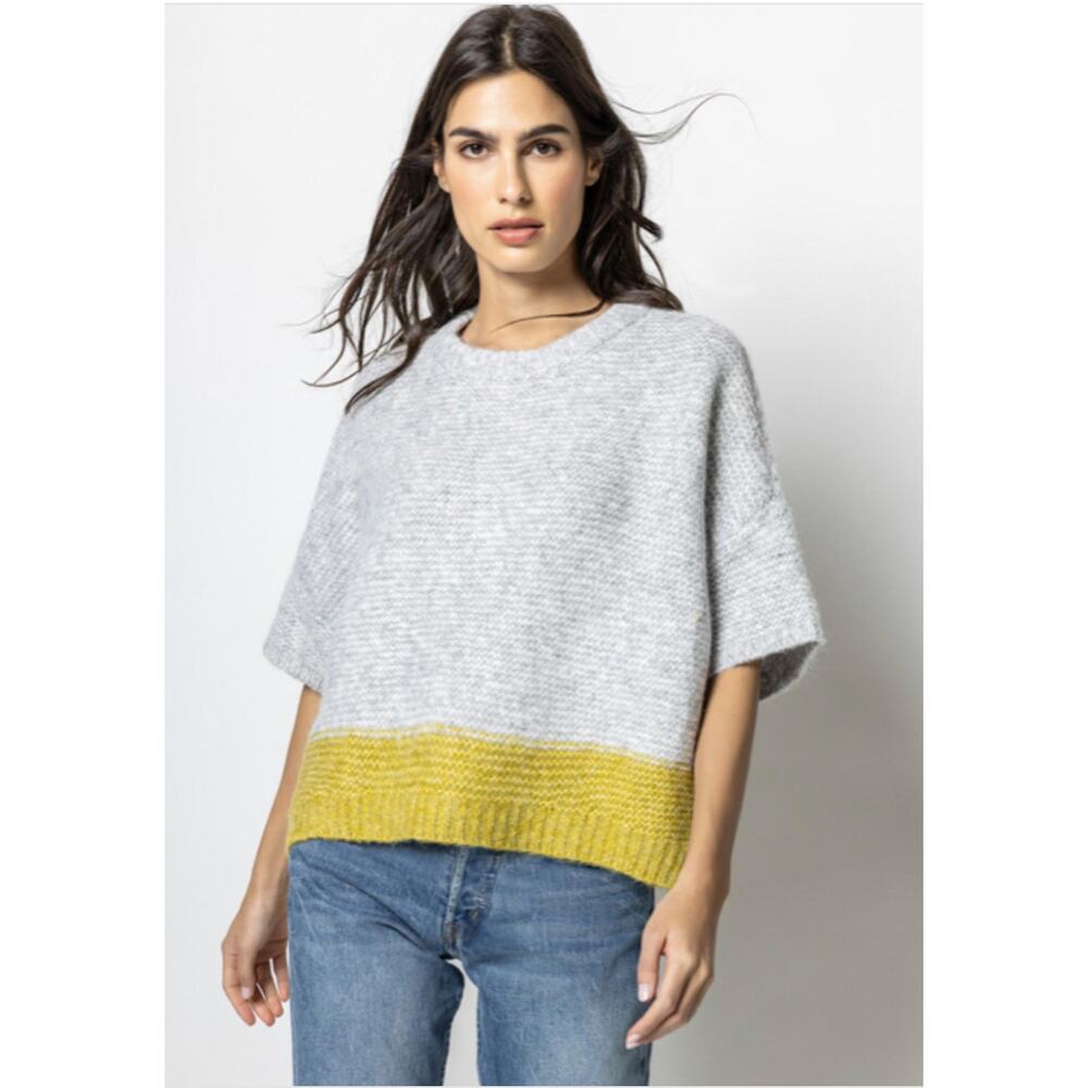 Lilla P Colorblock Short Sleeve Crewneck Sweater Grey/Canary M/L